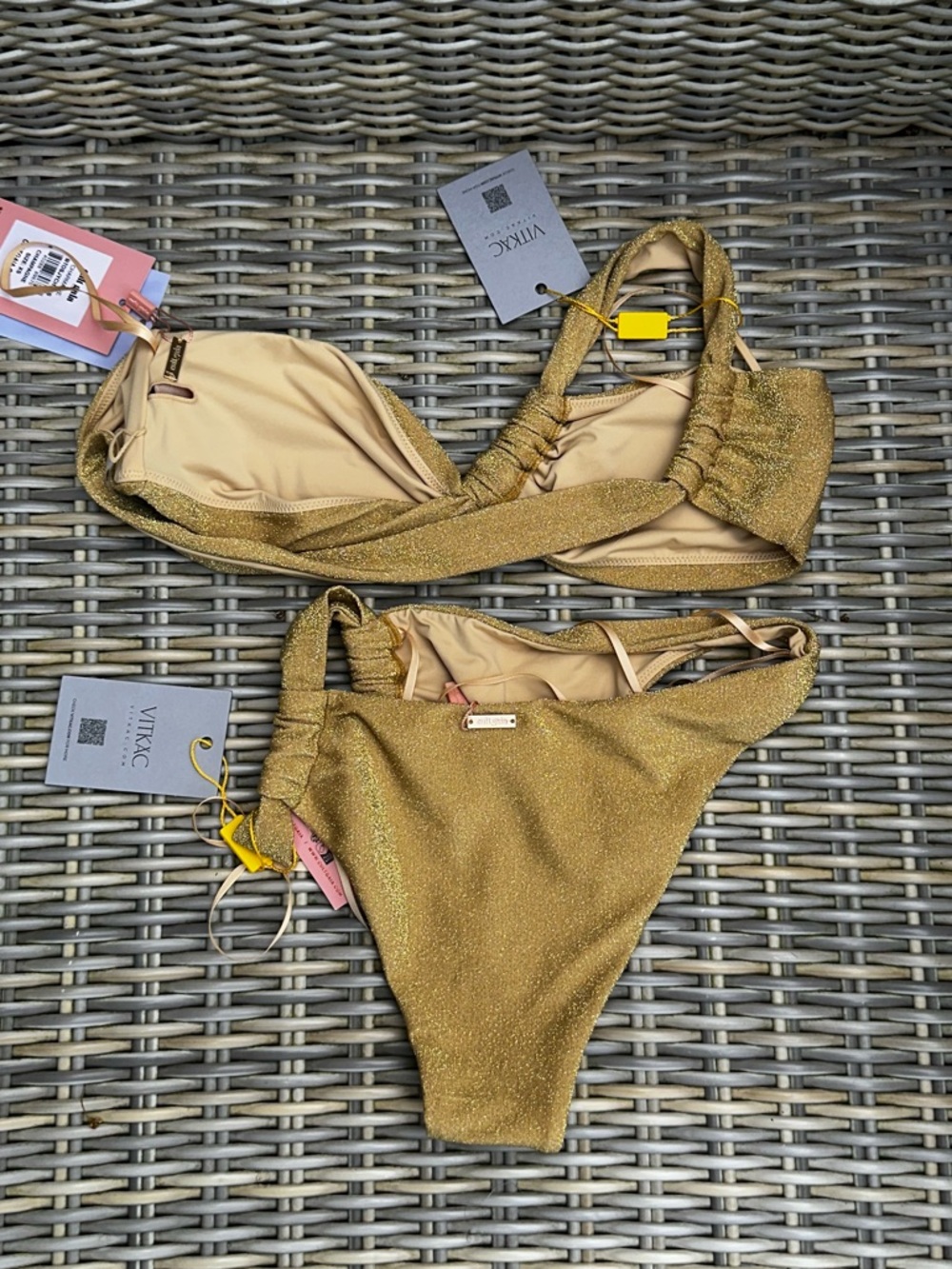 NWT Cult Gaia Charmaine One Shoulder Bikini XS Top Bottom Set Gold - Picture 6 of 14